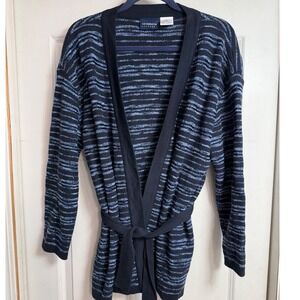 Liz Claiborne Lizsport Womens Cardigan Sweater Blue Stripe Belted Knit Size L